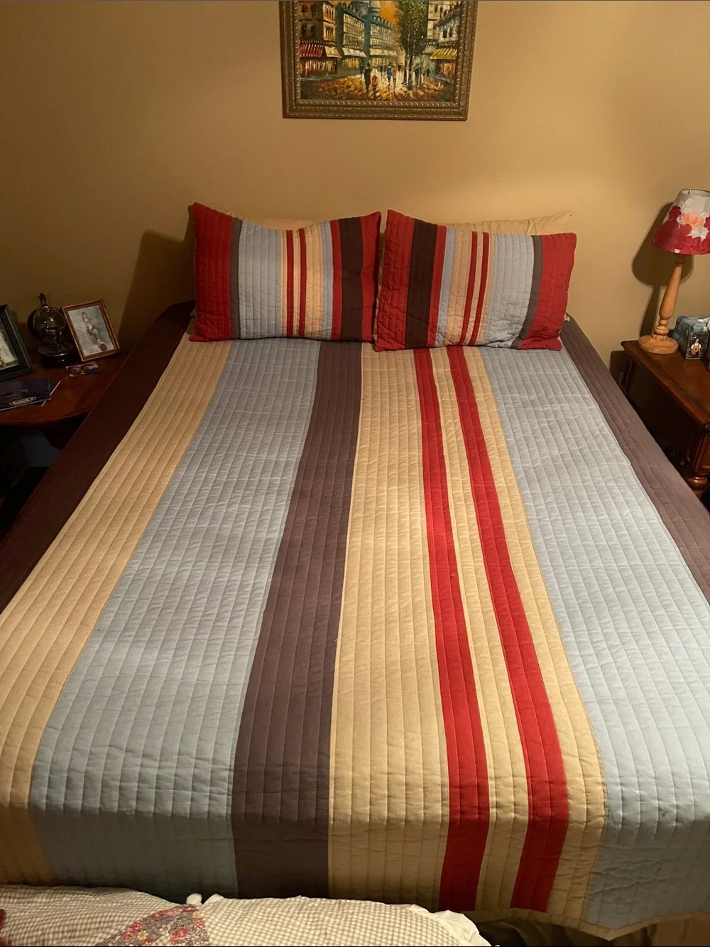 Striped Quilt Set in Red, Blue, Tan by